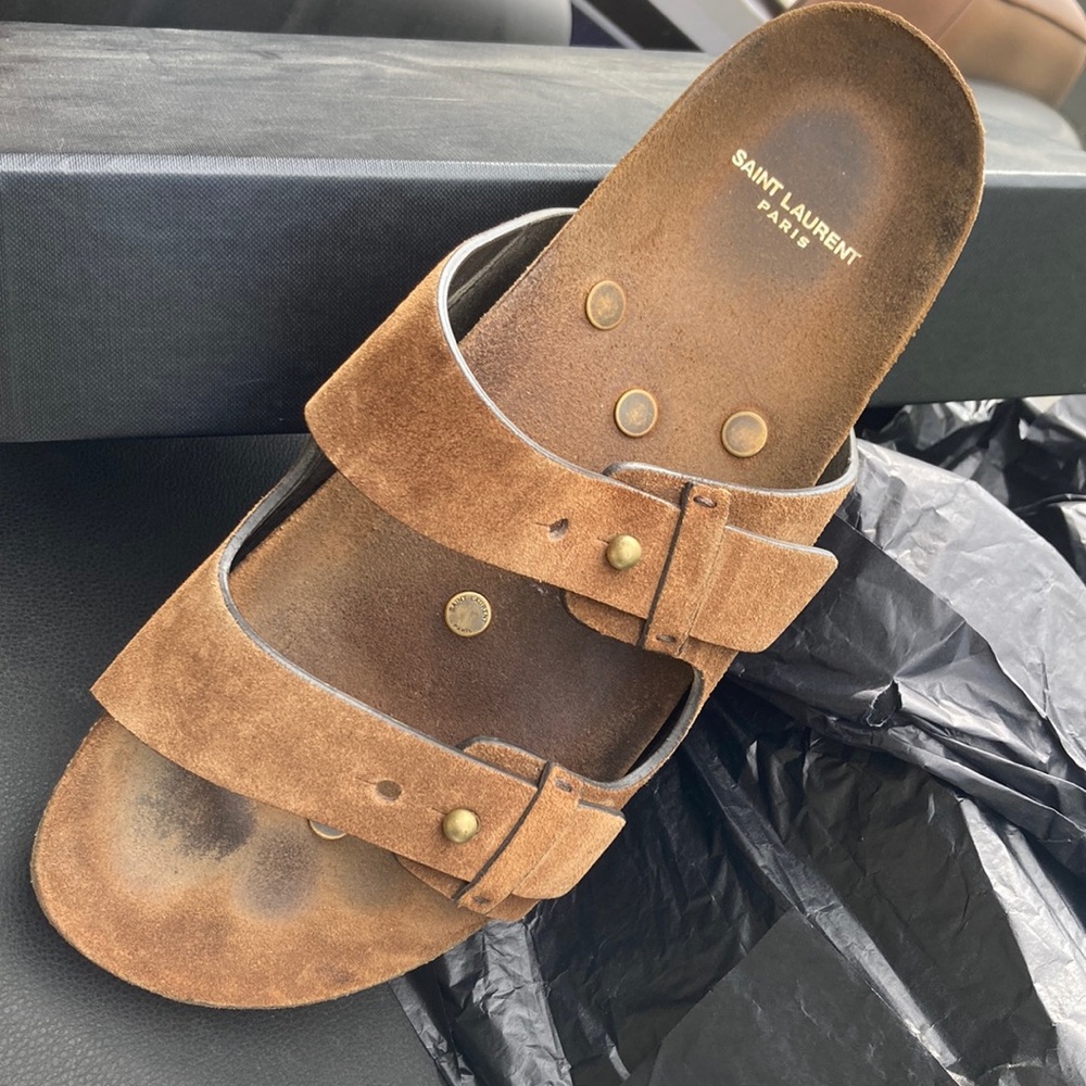 Saint Laurent Jimmy suede sandal. Color is Bridle. Size 42.   Worn twice - Picture 2 of 8